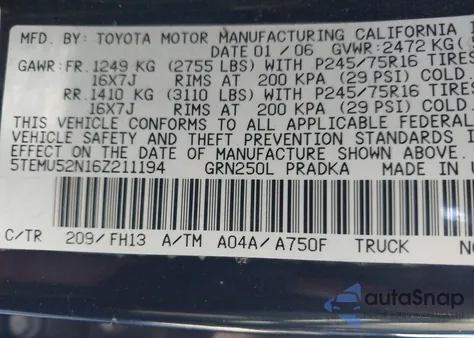 2006 Toyota Tacoma Base V6 z USA, uszkodzony, nr VIN 5TEMU52N16Z211194